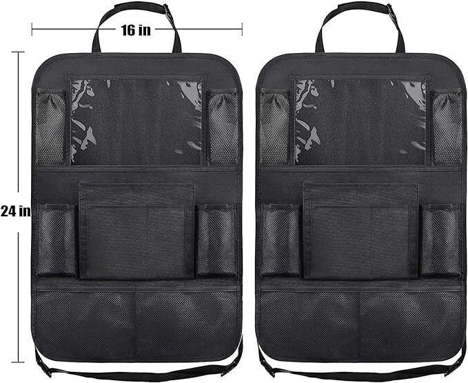 Backseat organizer fitted to a car seat with travel items stored