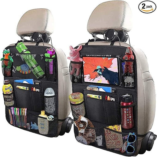 Two black backseat organizers with tablet holders and storage pockets
