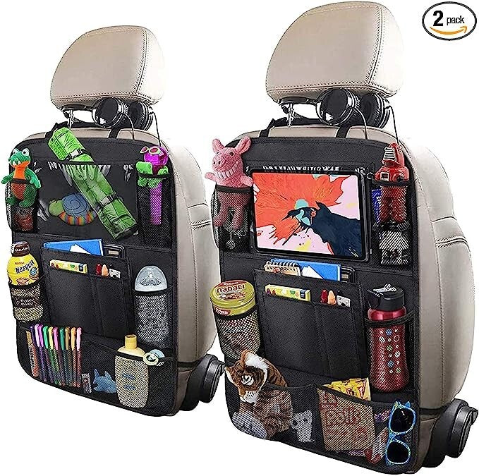 Two black backseat organizers with tablet holders and storage pockets