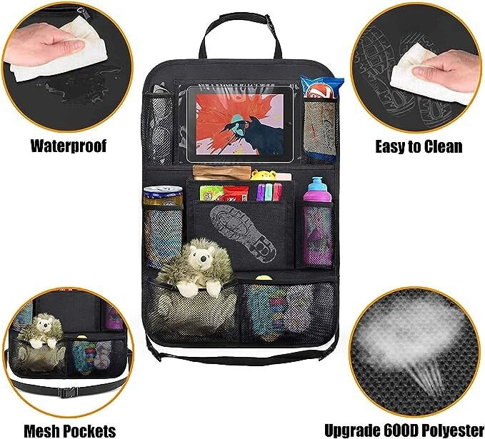 Two-pack backseat organizers shown with everyday travel essentials