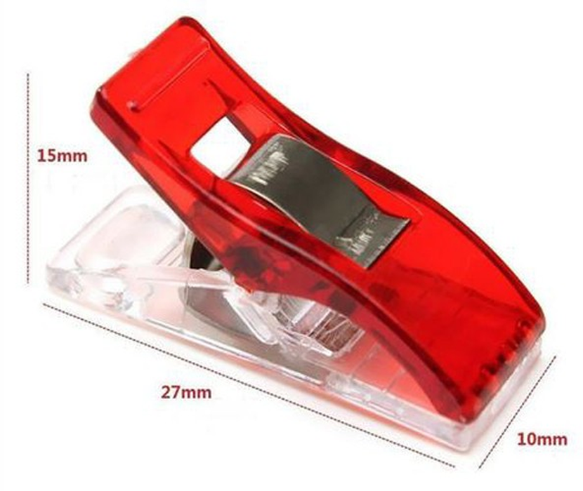 Red 25-piece sewing clip set with dimensions