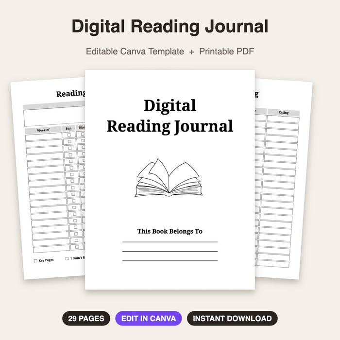 Digital Reading Journal | Editable Canva Template & Printable PDF