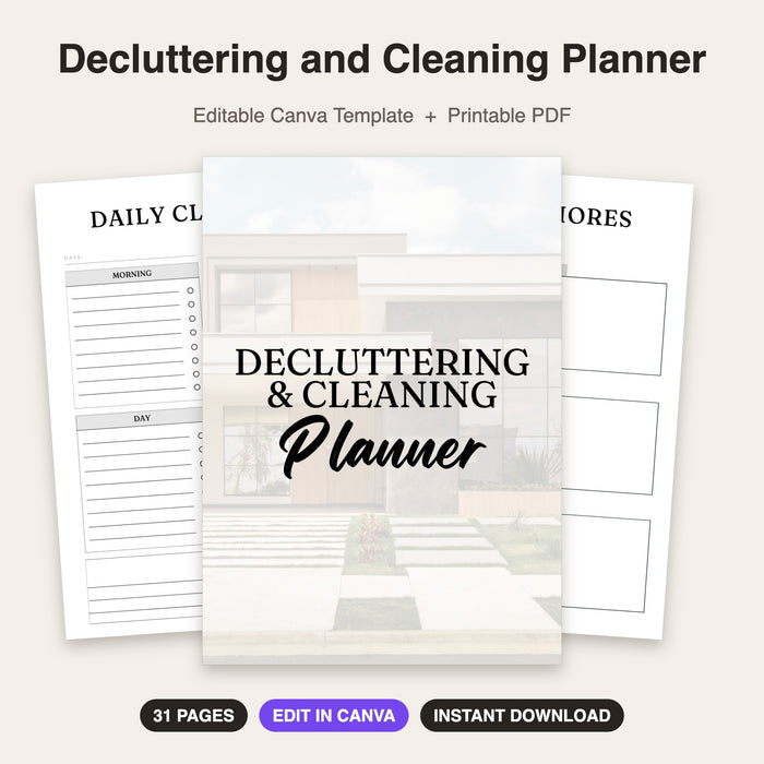 Decluttering and Cleaning Planner | Editable Canva Template & Printable PDF