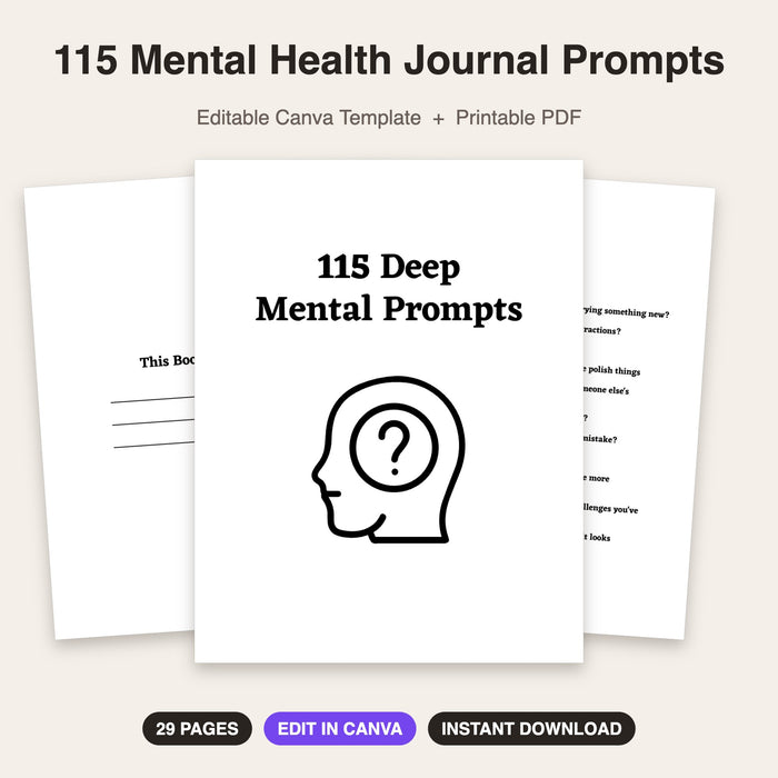 115 Mental Health Journal Prompts | Editable Canva Template & Printable PDF