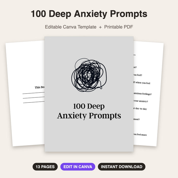100 Deep Anxiety Prompts | Editable Canva Template & Printable PDF
