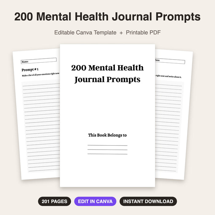 200 Mental Health Journal Prompts | Editable Canva Template & Printable PDF