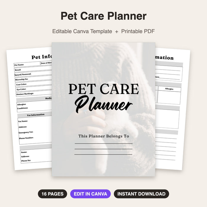 Pet Care Planner | Editable Canva Template & Printable PDF