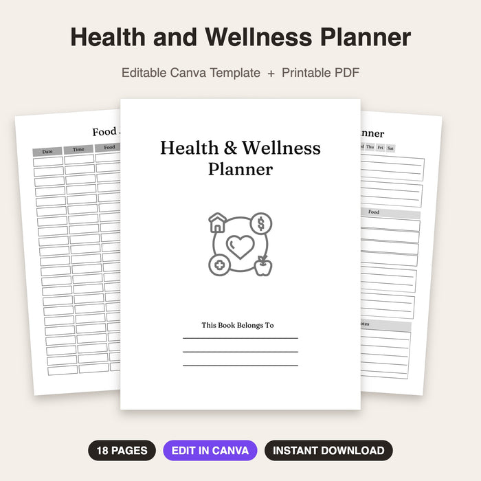 Health and Wellness Planner | Editable Canva Template & Printable PDF