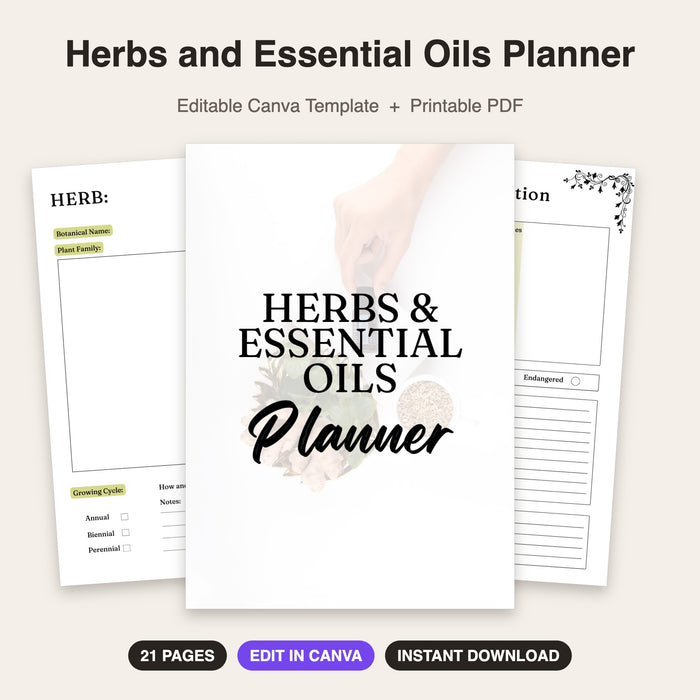 Herbs and Essential Oils Planner | Editable Canva Template & Printable PDF