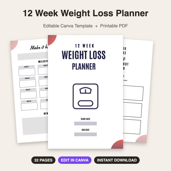12 Week Weight Loss Planner | Editable Canva Template & Printable PDF