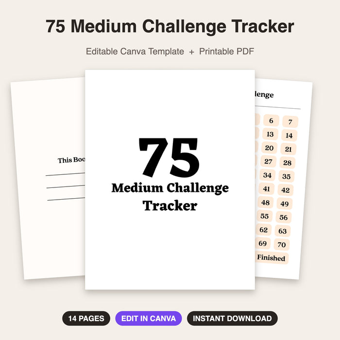75 Medium Challenge Tracker | Editable Canva Template & Printable PDF