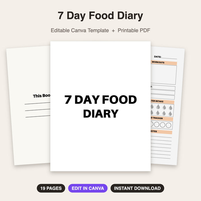 7 Day Food Diary | Editable Canva Template & Printable PDF