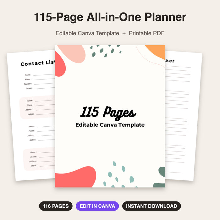 115-Page All-in-One Planner | Editable Canva Template & Printable PDF