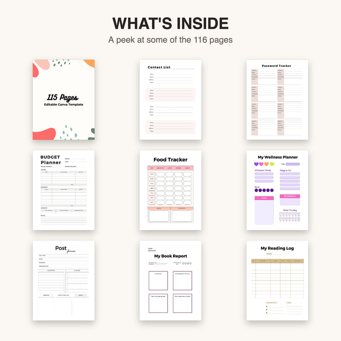 115-Page All-in-One Planner | Editable Canva Template & Printable PDF