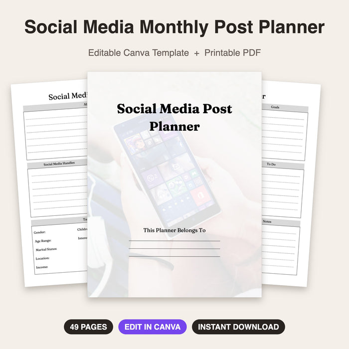 Social Media Monthly Post Planner | Editable Canva Template & Printable PDF