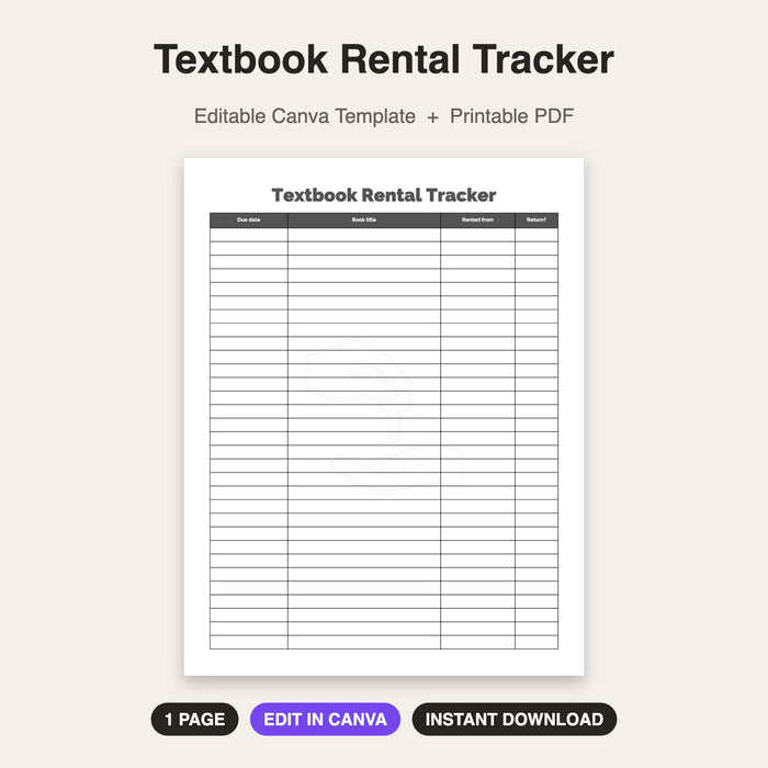 Textbook Rental Tracker | Editable Canva Template & Printable PDF