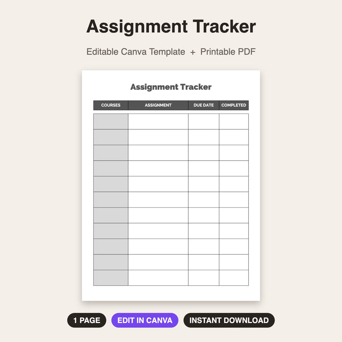 Assignment Tracker | Editable Canva Template & Printable PDF