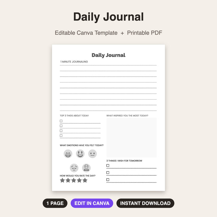 Daily Journal | Editable Canva Template & Printable PDF