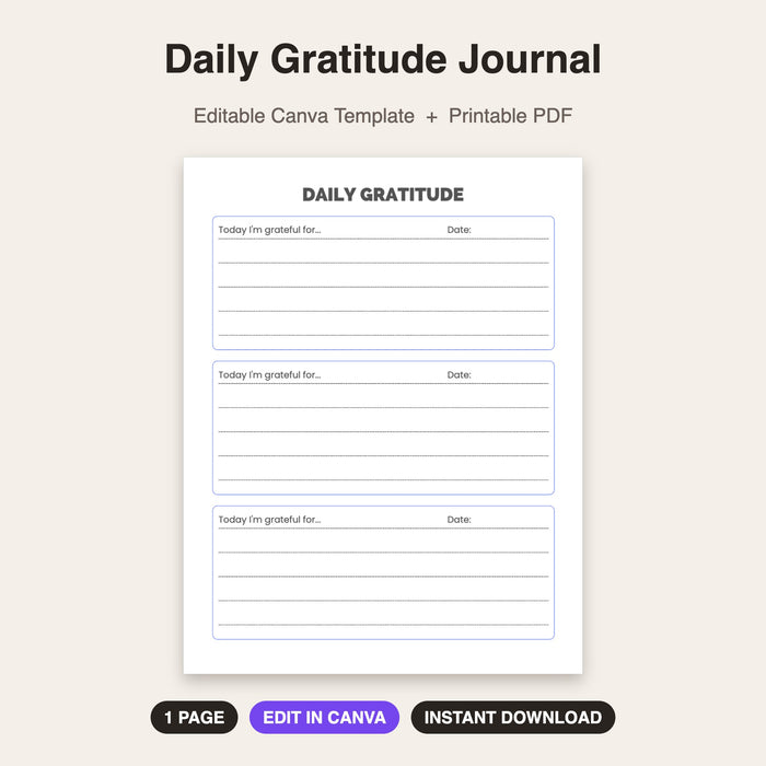 Daily Gratitude Journal | Editable Canva Template & Printable PDF