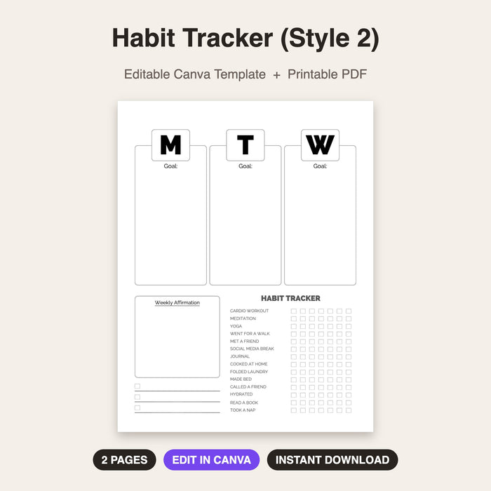 Habit Tracker (Style 2) | Editable Canva Template & Printable PDF
