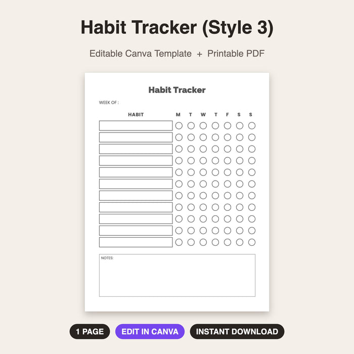 Habit Tracker (Style 3) | Editable Canva Template & Printable PDF