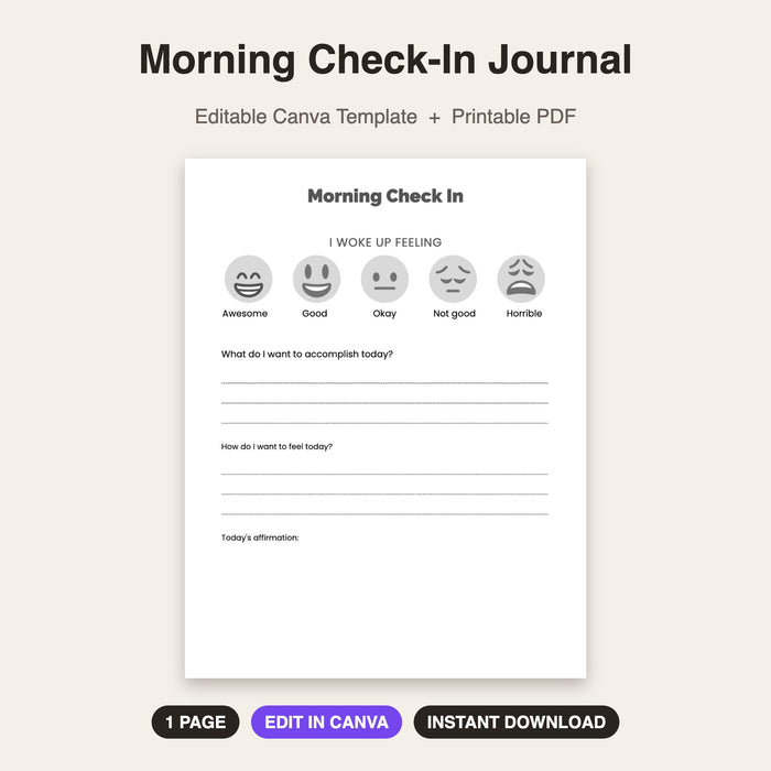 Morning Check-In Journal | Editable Canva Template & Printable PDF