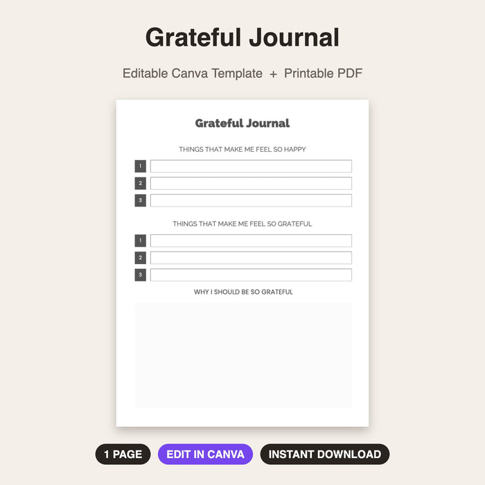 Grateful Journal | Editable Canva Template & Printable PDF