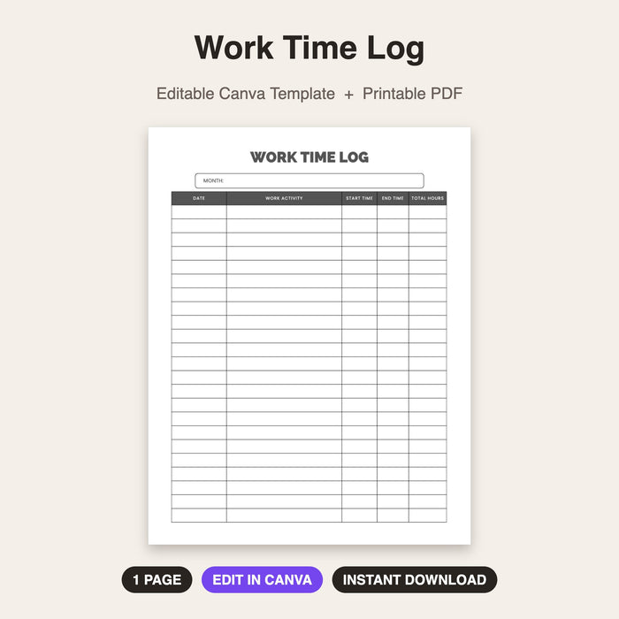 Work Time Log | Editable Canva Template & Printable PDF