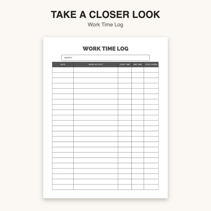 Work Time Log | Editable Canva Template & Printable PDF