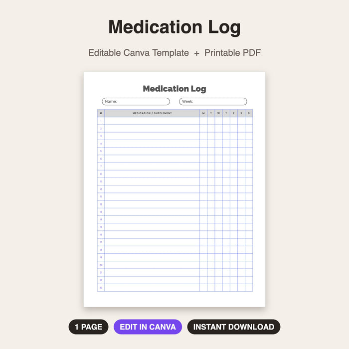 Medication Log | Editable Canva Template & Printable PDF