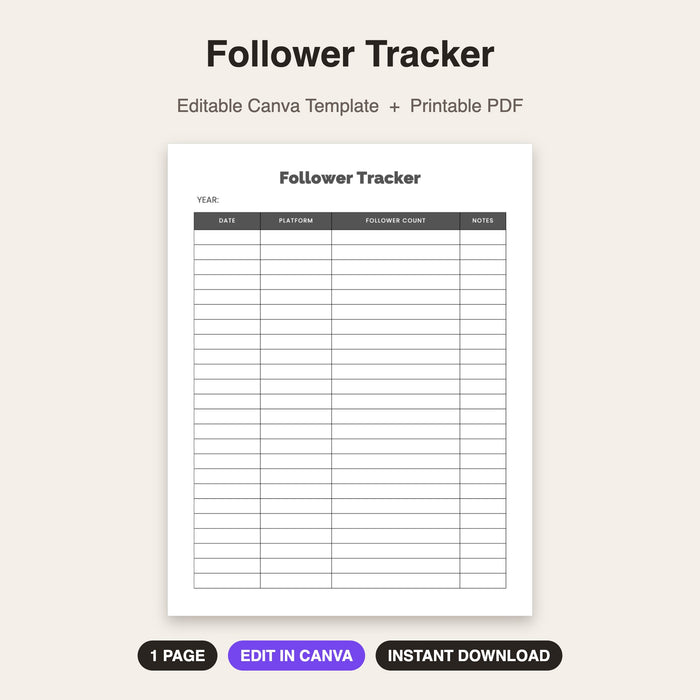 Follower Tracker | Editable Canva Template & Printable PDF