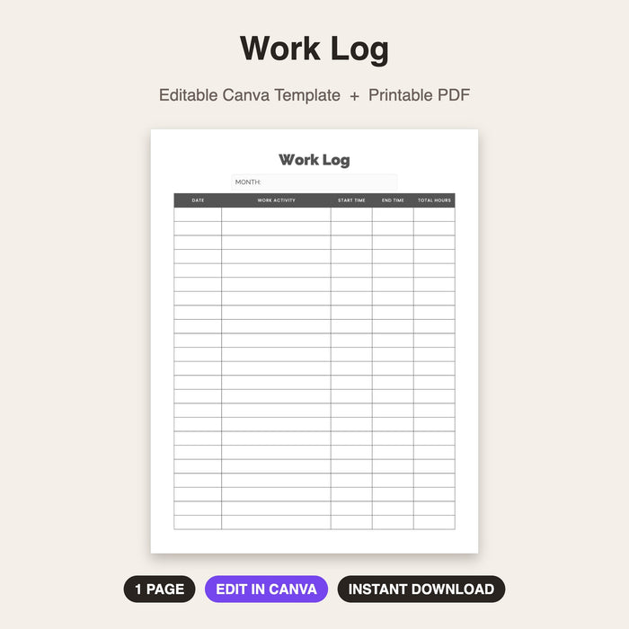 Work Log | Editable Canva Template & Printable PDF