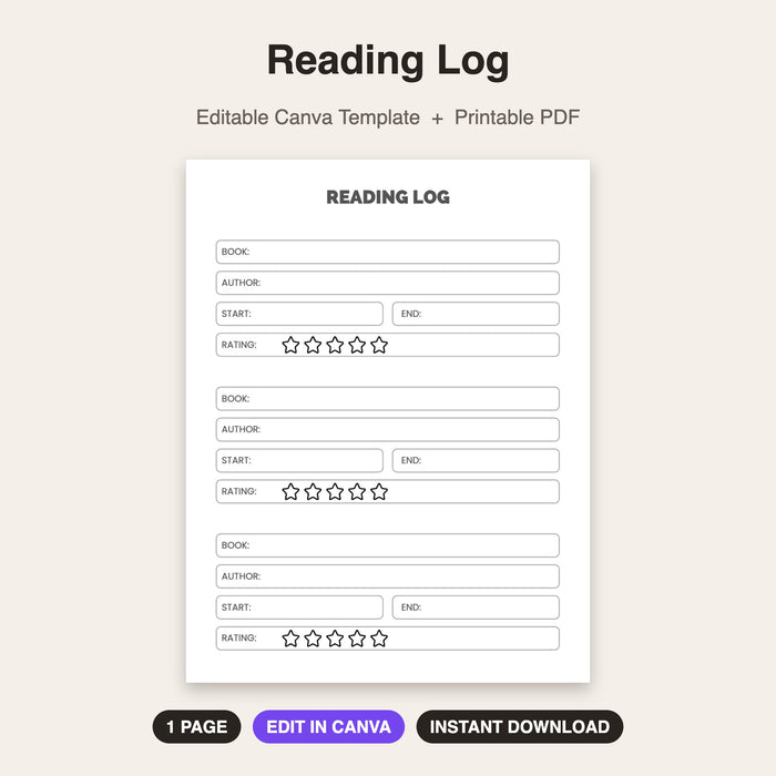 Reading Log | Editable Canva Template & Printable PDF