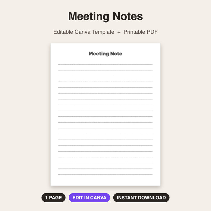 Meeting Notes | Editable Canva Template & Printable PDF