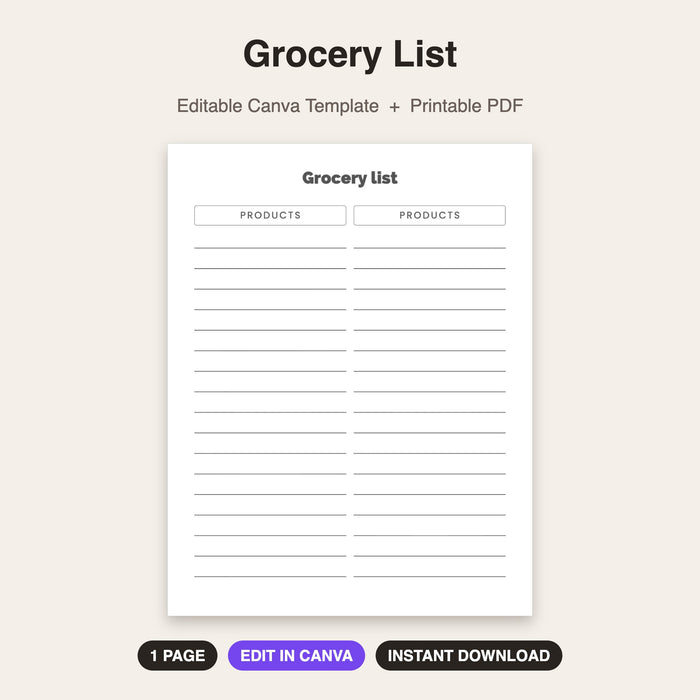 Grocery List | Editable Canva Template & Printable PDF