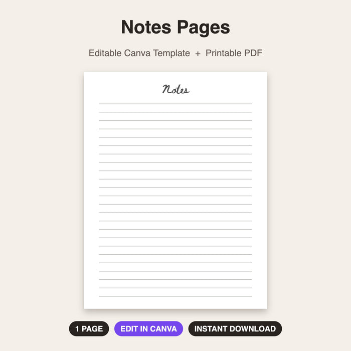 Notes Pages | Editable Canva Template & Printable PDF