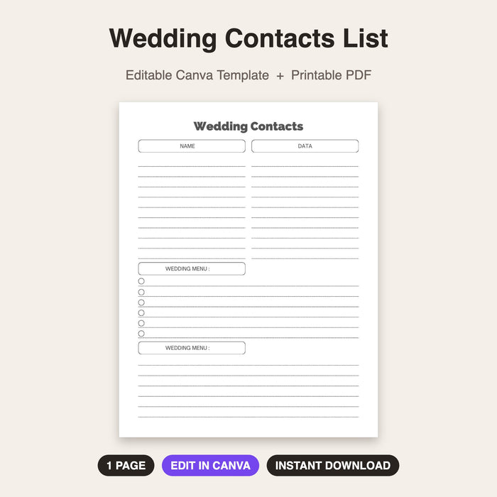 Wedding Contacts List | Editable Canva Template & Printable PDF