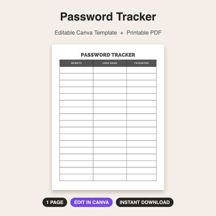 Password Tracker | Editable Canva Template & Printable PDF