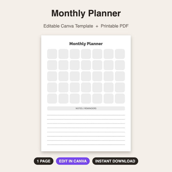 Monthly Planner | Editable Canva Template & Printable PDF