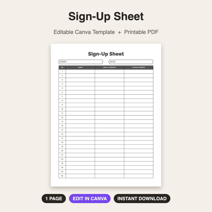 Sign-Up Sheet | Editable Canva Template & Printable PDF