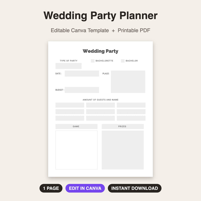 Wedding Party Planner | Editable Canva Template & Printable PDF