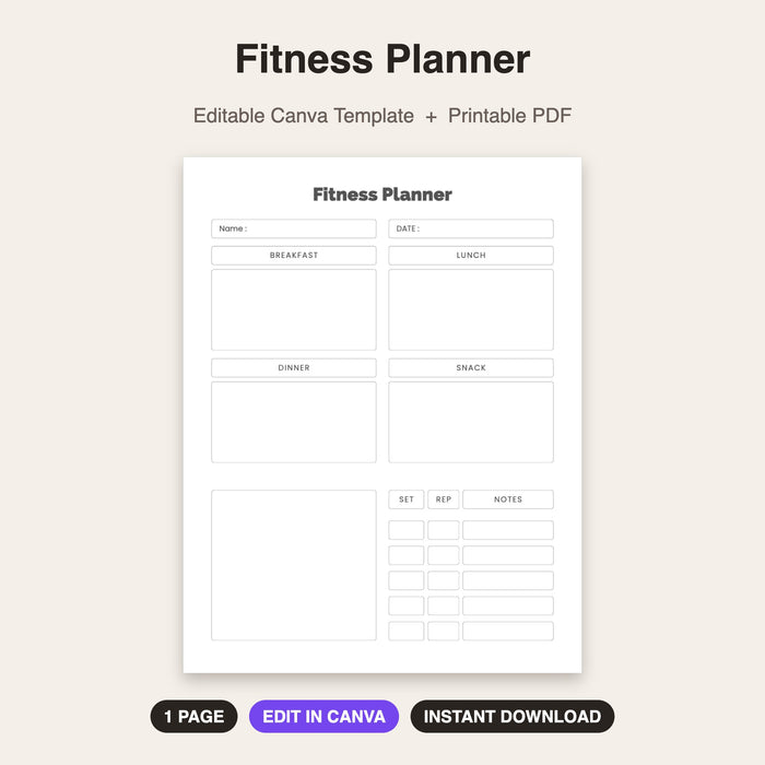 Fitness Planner (Style 2) | Editable Canva Template & Printable PDF