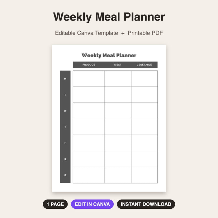 Weekly Meal Planner | Editable Canva Template & Printable PDF