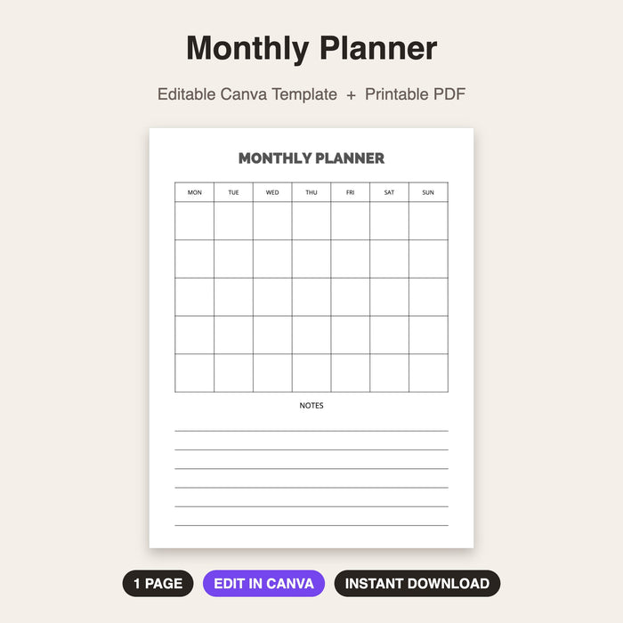 Monthly Planner (Style 2) | Editable Canva Template & Printable PDF