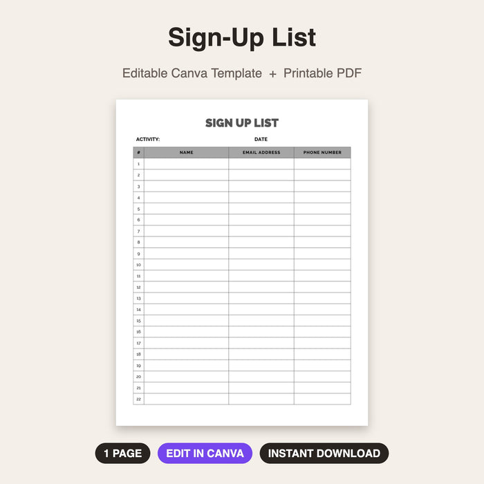 Sign-Up List | Editable Canva Template & Printable PDF
