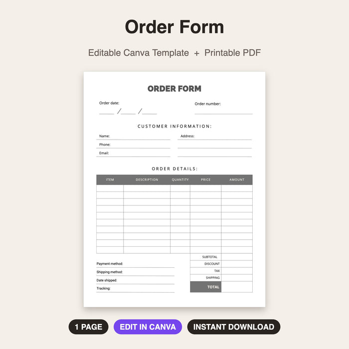 Order Form | Editable Canva Template & Printable PDF