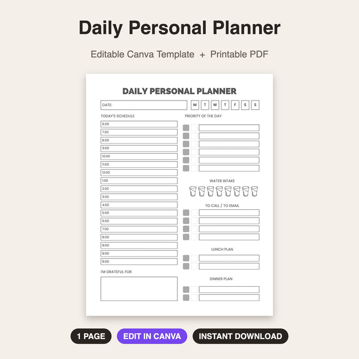 Daily Personal Planner | Editable Canva Template & Printable PDF