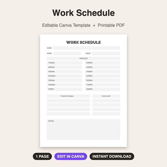 Work Schedule | Editable Canva Template & Printable PDF