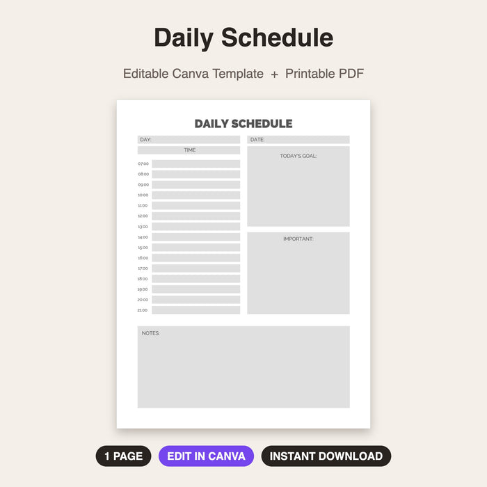 Daily Schedule | Editable Canva Template & Printable PDF