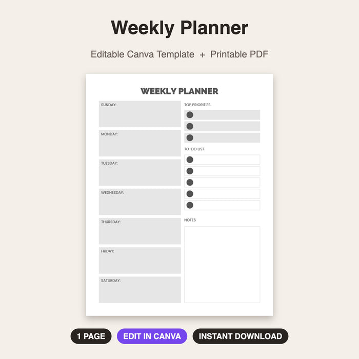 Weekly Planner | Editable Canva Template & Printable PDF